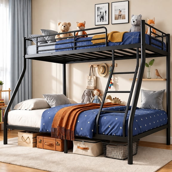Kdymod Twin over Full Metal Bunk Bed with Stairs & Storage, Heavy Duty Bed Frame for Adults & Teens, No Box Spring Needed, Black