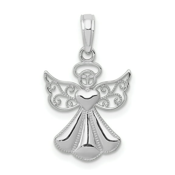 14k White Gold Solid Polished & Textured Guardian Angel with Heart Charm Pendant