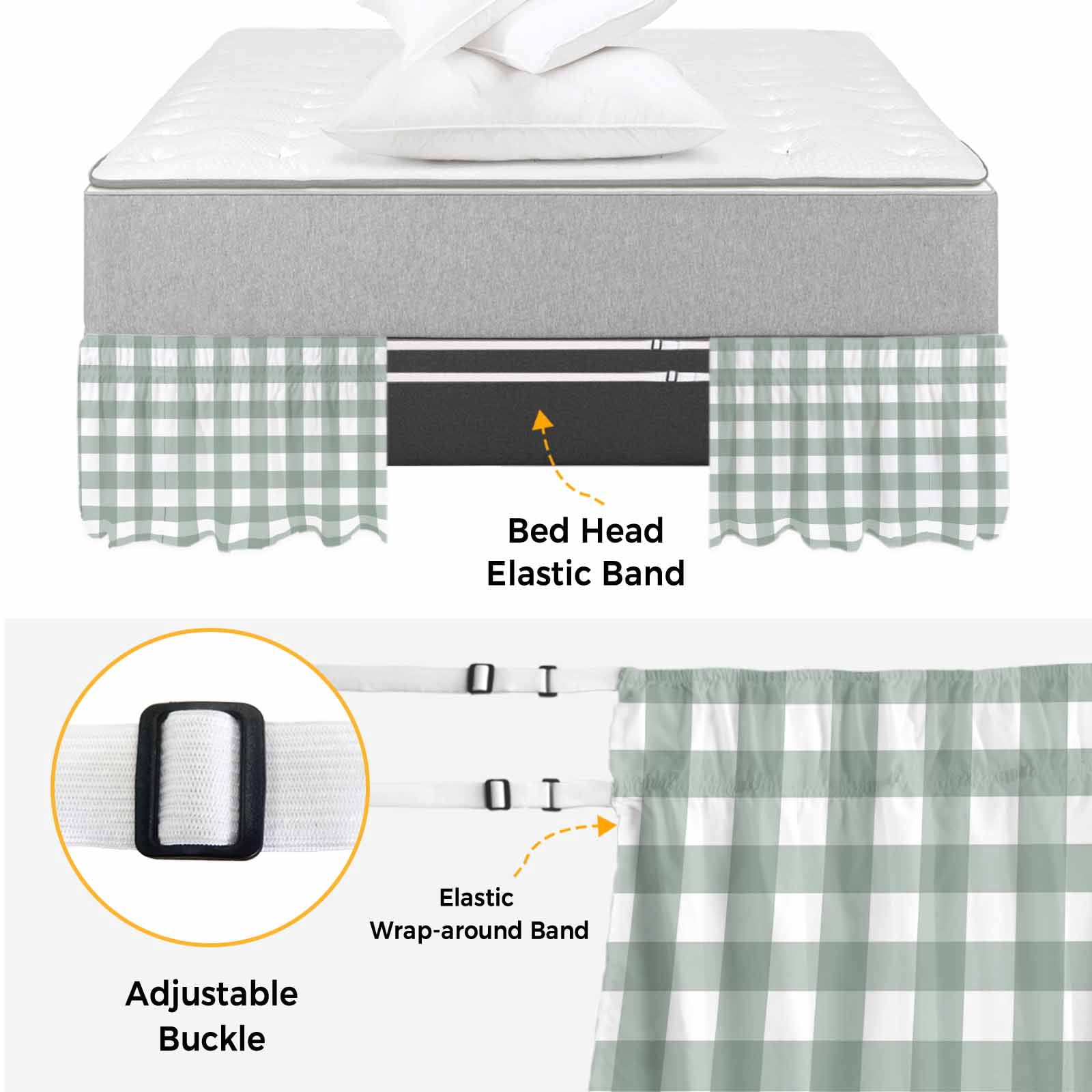 Green Farmhouse Bed Skirt Queen Size, Buffalo Plaid Check Lattice White Grid Wrap Around Bed Skirting with Adjustable Elastic Strap, Dust Ruffle Pleated Bedskirts 18 Inch Drop for Bedroom Queen Beds