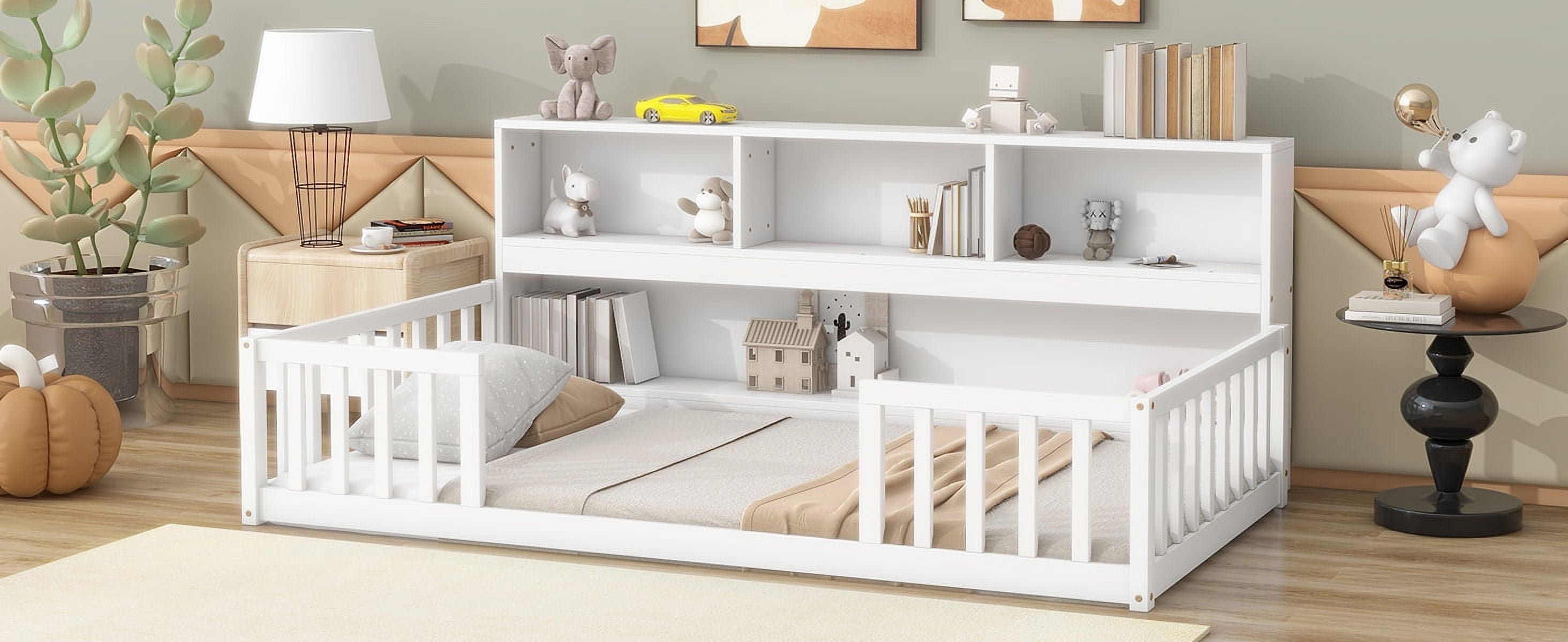 Yoneston Kids Twin Size Floor Bed Frame with Bedside Bookcase Storage Shelves and Guardrails for Toddlers Boys Girls Bedroom Furniture, White