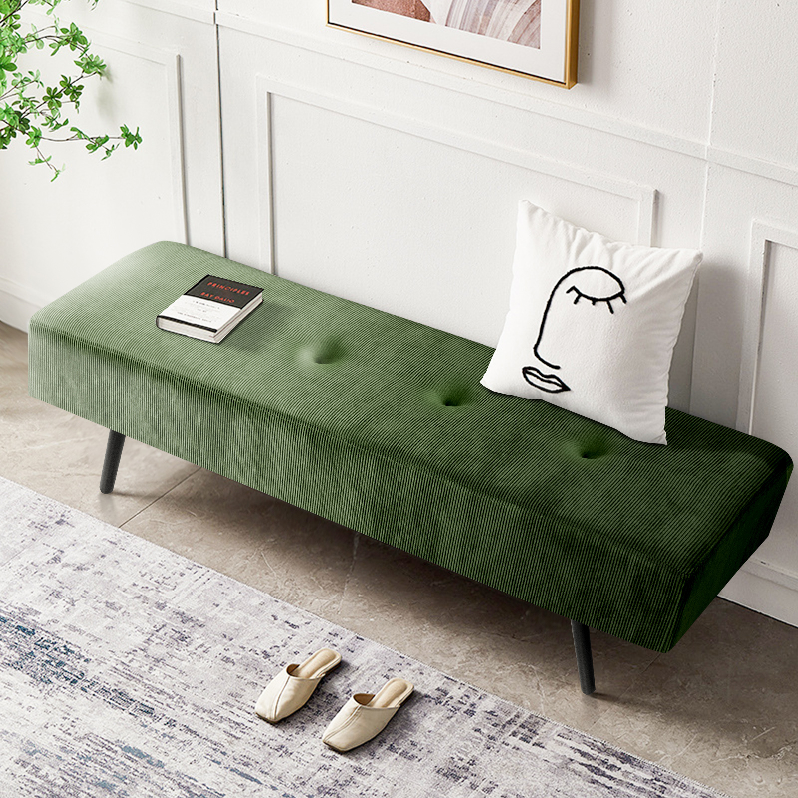 Kithkasa Entryway Bench, Modern Ottoman Corduroy Bench for Living Room,Bedroom,Foyer,Green