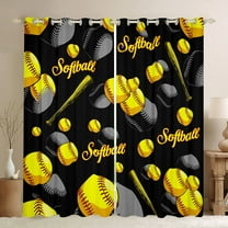 Homewish Cartoon Yellow Baseball Black Out Curtains, Softball Sport Lover Curtains Pack of 2 (42x63 Each), Teens Kids Boys Girls Bedroom Curtains, Window Curtains Bedroom Decor