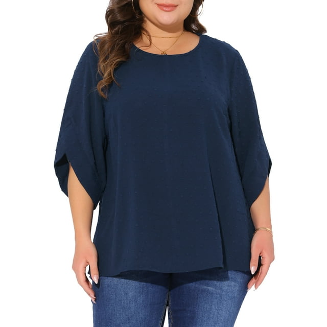 Blusa Casual de Verano para Mujeres de Talla Grande Agnes Orinda con Puntos Suizos, Manga de Pétalo y Cuello Redondo 1X Azul Marino