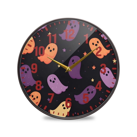 Yayeee Wall Clock Battery Operated 9.5" Silent Quartz Non-Ticking for Living Room Decor, Halloween Purple Ghosts