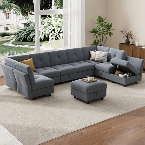 Modular Sectional Sofa,143.8 Inch Sectionals Couch L Shaped Sofa with Storage Ottoman, 9 Seat Comfy Sectionals Couches, Velvet Couch with Upholstered-Light blue