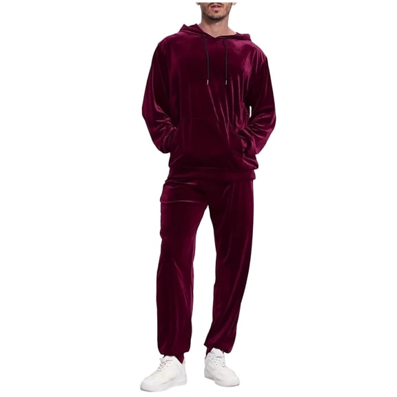 QSAWXQZ Men's 2-piece Velvet Sweatsuit Set Long Sleeve Crewneck Solid Pullover Sweatshirt Elastic Waist Cuffed Joggers Loungewear with Pockets Wine XL