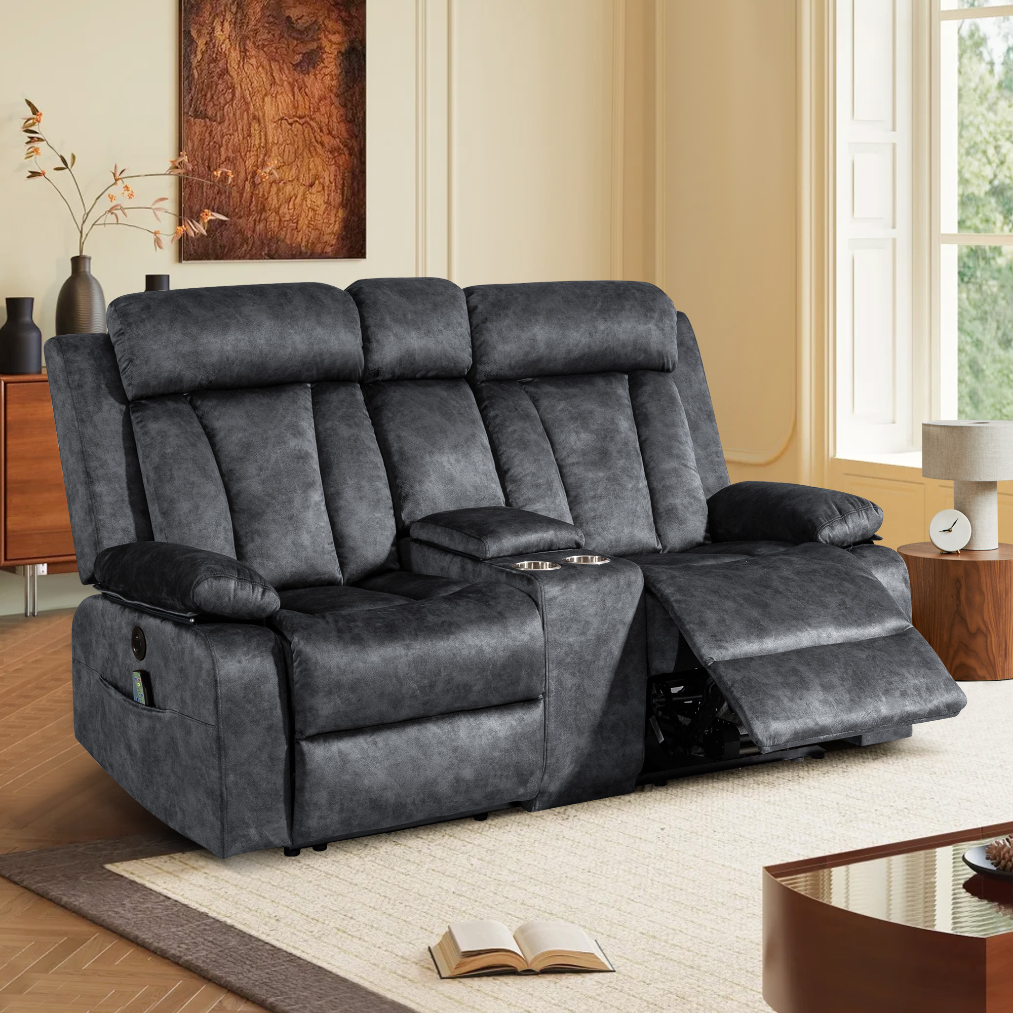 Reclining Loveseat-Power Reclining Loveseat with Console,Double Recliner Loveseat with Heat and Massage,Electric Loveseat Recliner with Cup Holders,USB & Type-C Charge Ports for Living Room,RV