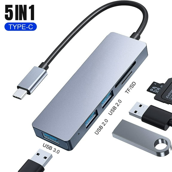 USB C Hub with 3 USB 3.0 & SD/Micro SD Card Reader Compatible 2021-2016 MacBook Pro 13/15/16, New Mac Air/iPad Pro/Surface, More, Stable Driver Certified Type C Adapter (Gray)