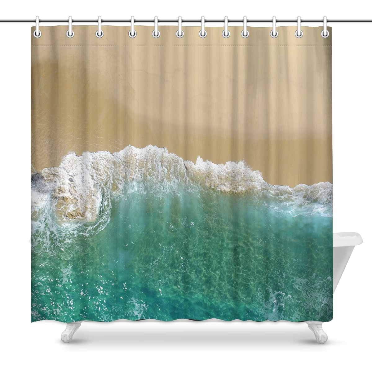ARTJIA Sand Beach Sea Ocean Shower Curtain, Aerial Blue Waves Polyester