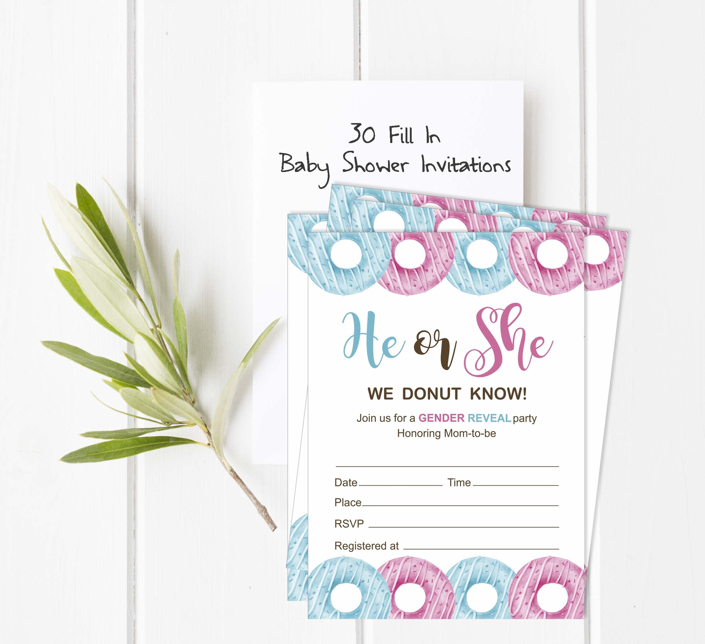 Inkdotpot 30 Fill In StyleBaby Shower Invitation Cards Donuts He Or She Gender Reveal Blank Invites
