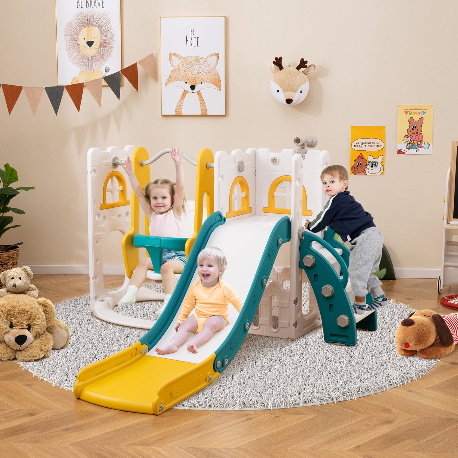 Patiojoy 7 in 1 L-shaped Toddle Swing and Slide Set Freestanding Toddler Slide Playset w/ Swing Yellow