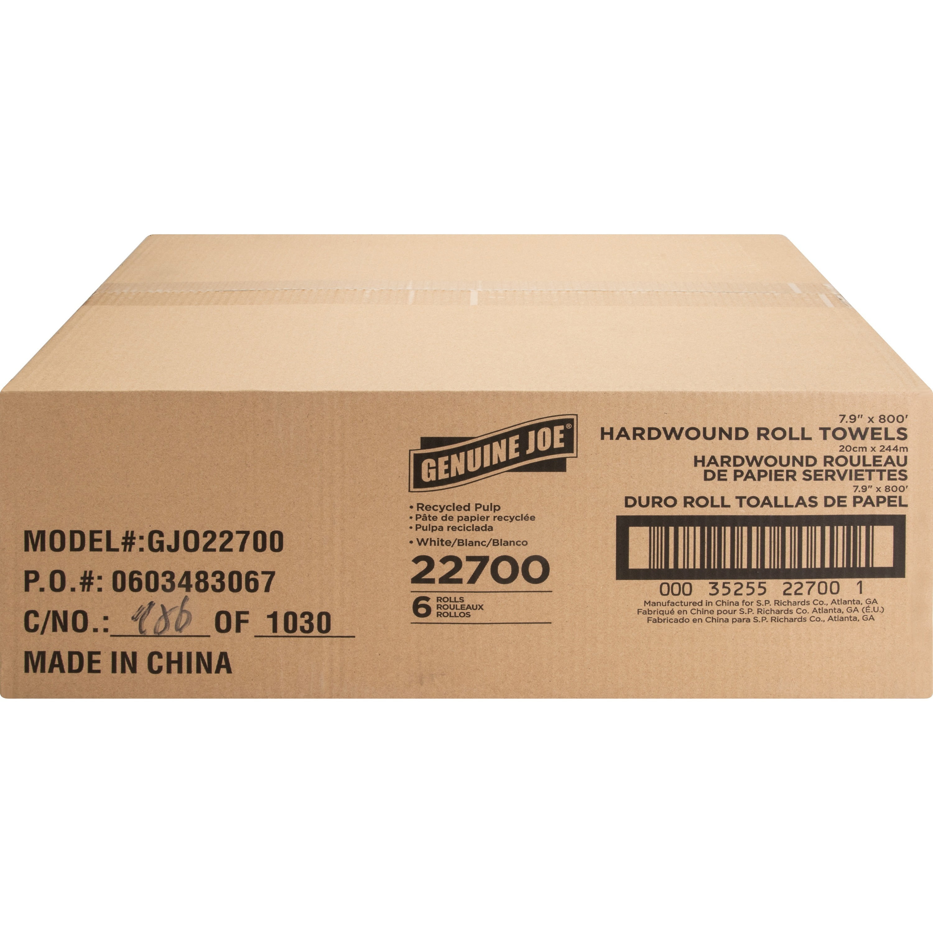 Genuine Joe Hardwound Roll Paper Towels - 7.90" X 800 Ft - White - Absorbent, Chlorine-free, Embossed - For Restroom - 6 / Carton