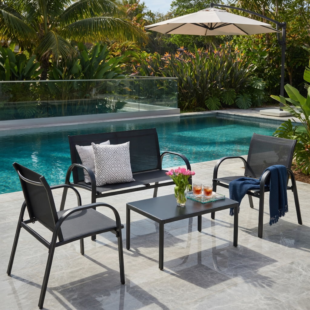 Hommoo 4-Piece Modern Outdoor Patio Furniture Set, Steel Frame Loveseat, Two Single Sofas & Tempered Glass Top Coffee Table for Backyard, Deck or Balcony, Black