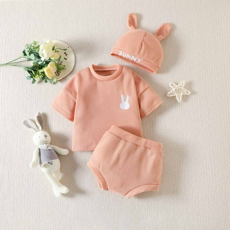 

cllios Baby Boys Girls Easter Lovely Embroidered Bunny Candy Color T-shirt Shorts Hat Suit