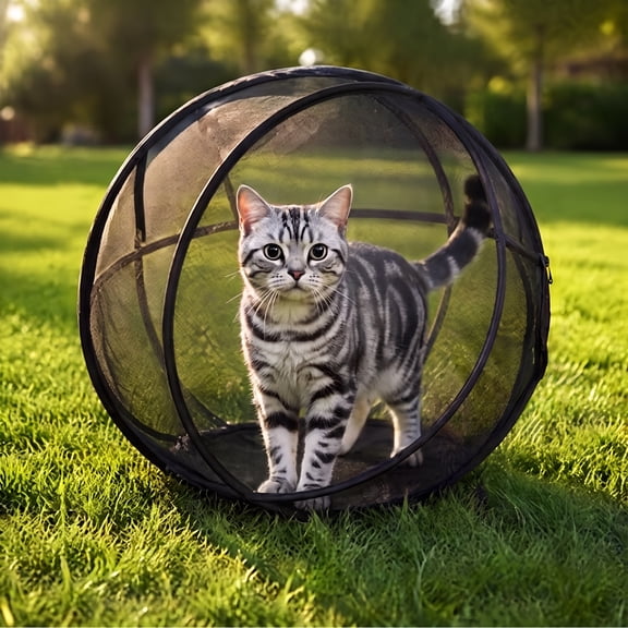 LOWLHOME Breathable Cat Exercise Sphere, Foldable Mesh Rolling Cat Playpen Ball with Self‑Locking Zipper & Storage Pouch, Portable Indoor Outdoor Pet Enclosure for Yard Patio Lawn Travel