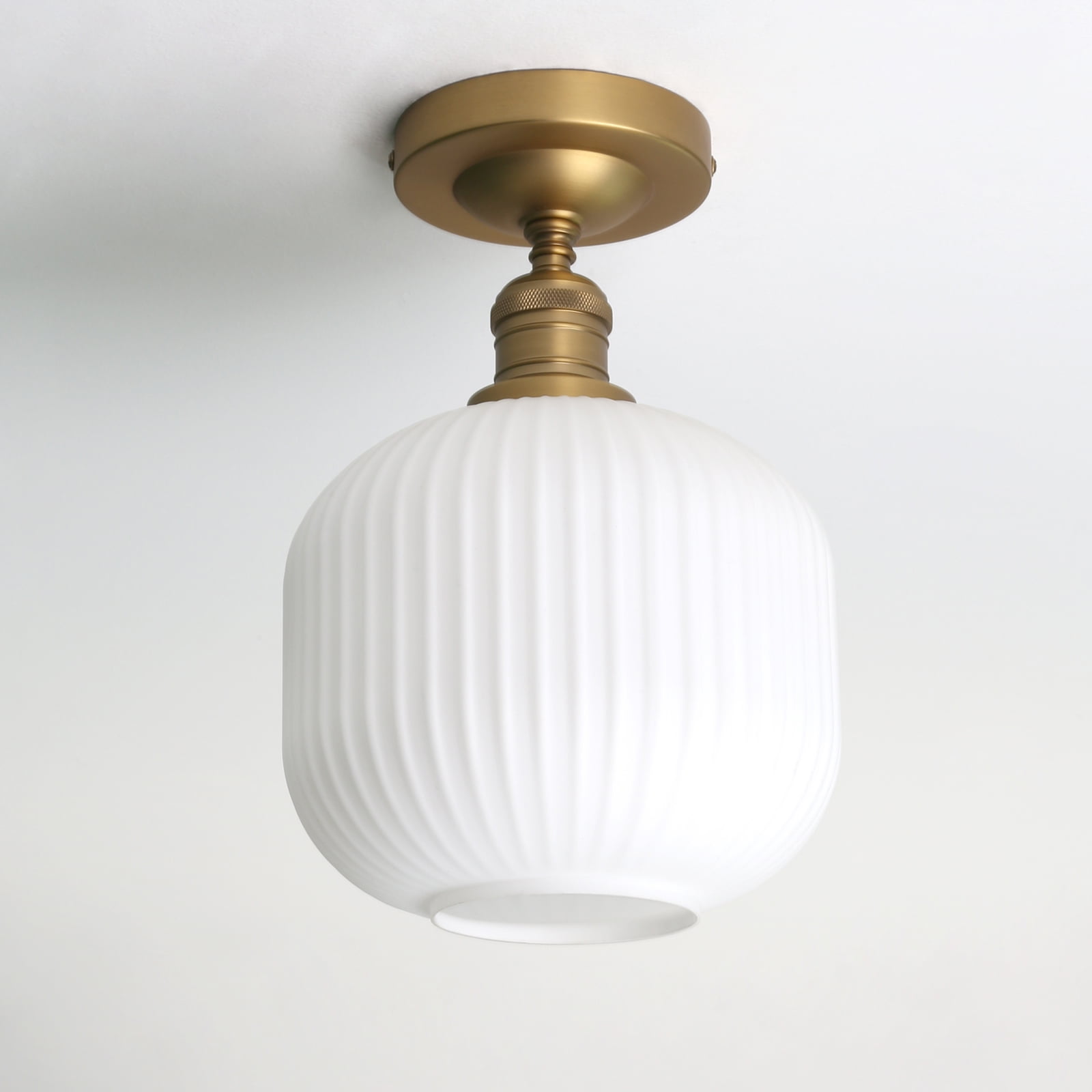Pathson Industrial Semi Flush Mount Ceiling Light, Milky White Ribbed Glass Close to Ceiling Light for Living Room Dinning Room Kitchen Porch
