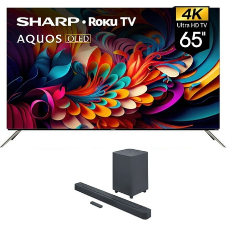 SHARP 4T-C65FS1UR 65 Inch AQUOS OLED 4K Ultra HD with Dolby Audio Roku TV and a JBL BAR-500 5.1ch Soundbar and Subwoofer with MultiBeam and Dolby Atmos (2024)