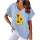 thumbnail image 1 of Camiseta de Manga Corta con Cuello en V con Impresión de Girasol, Algodón Casual Y Top de Cáñamo, 1 of 6