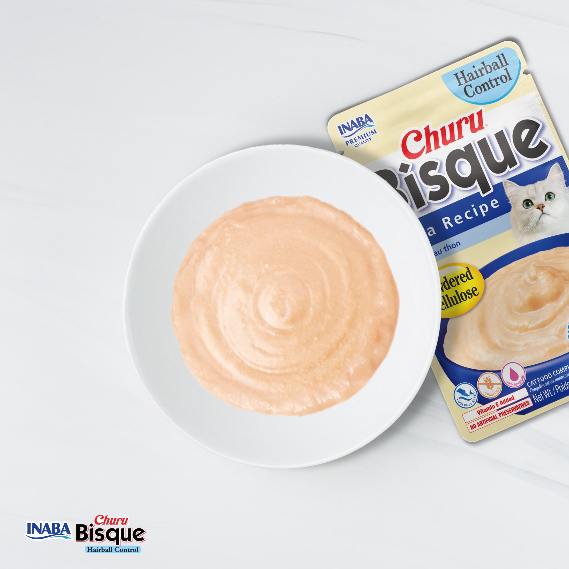 INABA Churu Bisque Indoor Care for Hairball Control for Cats, Creamy Lickable Puree Side Dish with Vitamin E, 1.05 Ounce Pouch, 5 Pouches, Chicken Recipe