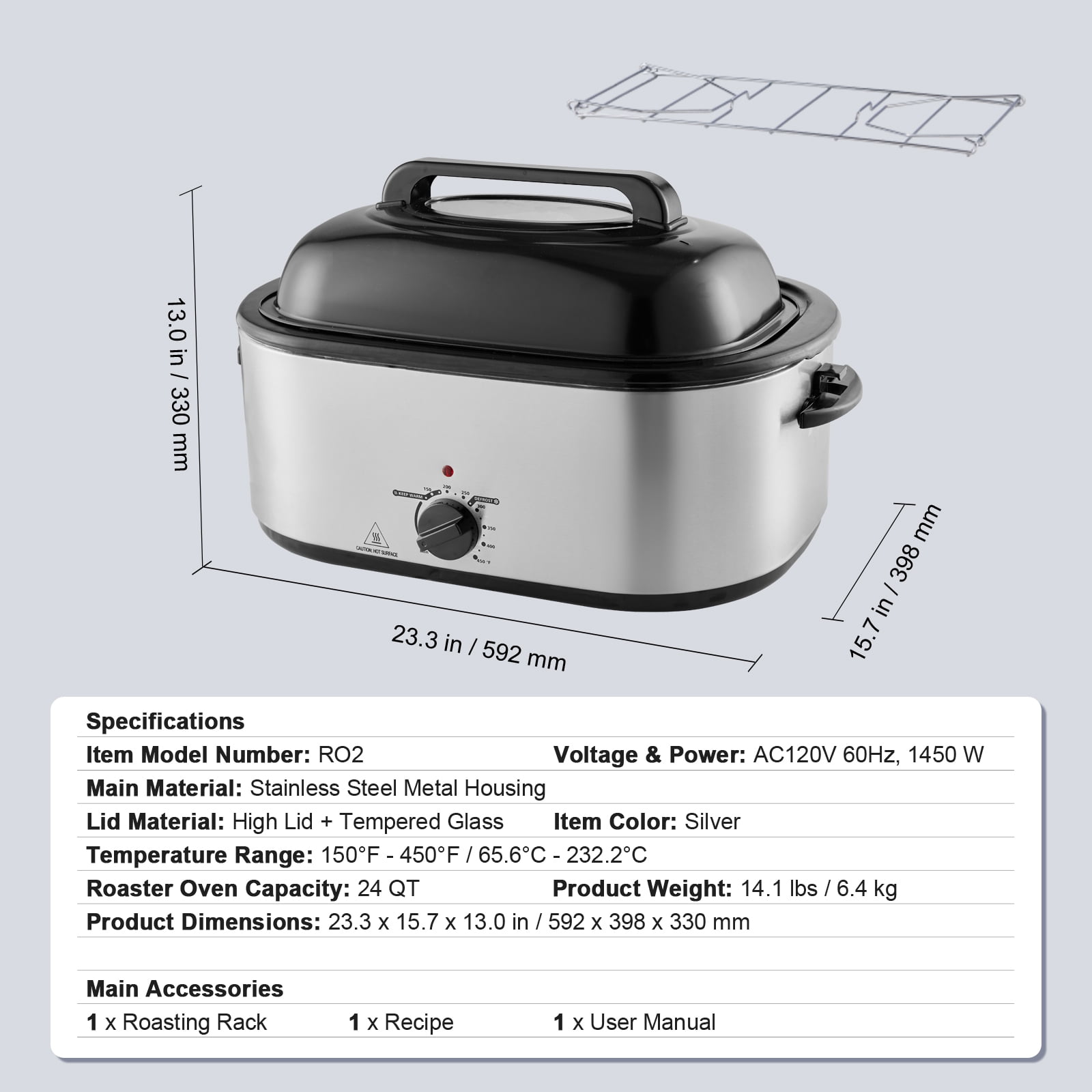 KFFKFF Electric Turkey Oven, 24 QT Capacity with Self-Basting Cover, 1450W, Features Defrost & Warm Settings, Temp Control, Includes Pan & Rack, Accommodates Up to 28LBS Turkeys, Silver