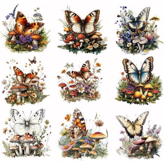 9pcs Butterfly Heat Transfer Stickers Butterfly and Mushroom Iron on Transfers Iron on Patches Stickers Washable Heat Transfer Decals