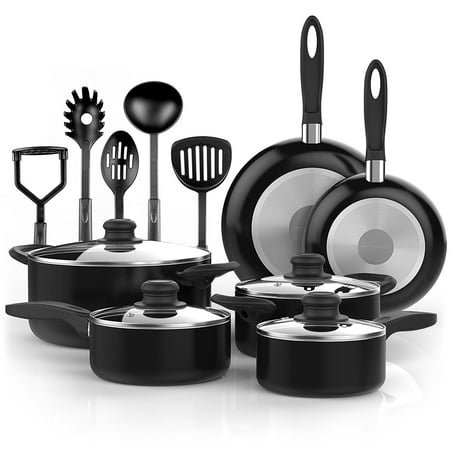 Vremi 15 Piece Nonstick Cookware Set; 2 Saucepans and 2 Dutch Ovens with Glass Lids, 2 Fry Pans and 5 Nonstick Cooking Utensils; Oven