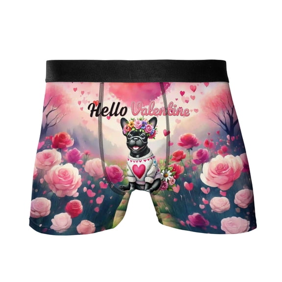 Hello Valentine’s Day French Bulldog Flower Crown Romantic Pink Floral All Over Print Boxer Briefs Underwear for Men Dad Dog Lover Gifts - 00031