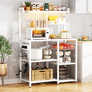 iSunirm Bakers Rack with Power Outlet and LED Light, Microwave Oven Stand Kitchen Storage Shelf with Wire Basket, Coffee Bar Station Island Table with 10 Hooks, for Pots, Spices, Pans, White