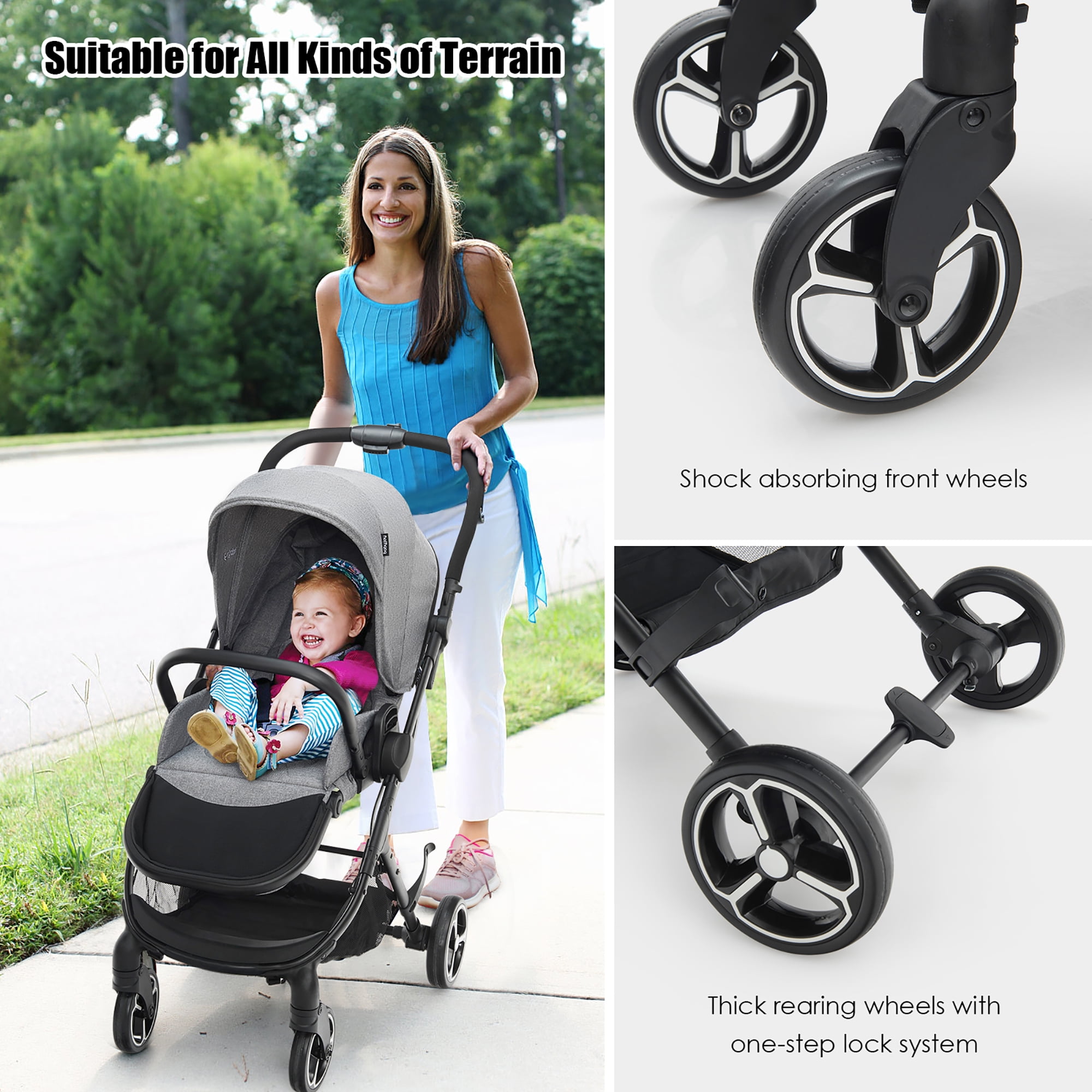 3-Wheel Baby Travel Stroller BABY JOY Jogger Stroller Reclining Seat with Adjustable Handlebar and Storage Basket 