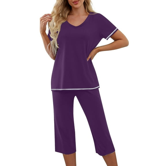 cfhntfmh Womens Pajama Sets Short Sleeve Shirt and Capri Pants Solid Color Sleepwear 2 Piece Pjs Sets