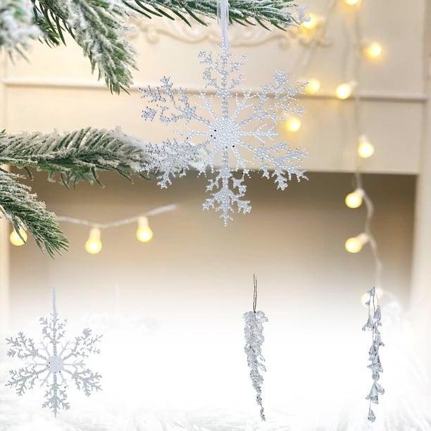 Colgantes navideños de cristal con forma de copos de nieve, gotas de agua y hojas. Ideales para decorar fiestas navideñas. Diseño festivo de invierno para el hogar, sala de estar, dormitorio