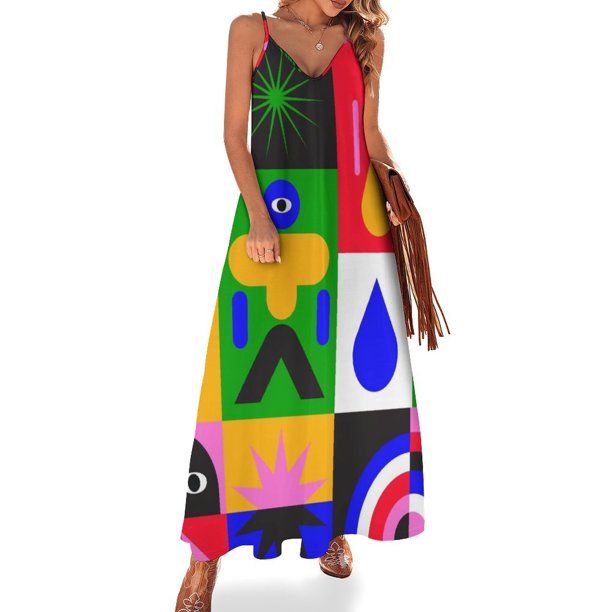 Patrón sin costuras con formas y personajes abstractos. Vestido sin mangas para mujer, vestido de verano , vestido para mujer