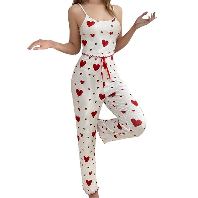 Pijama de Dos Piezas con Top Corto con Estampado de Corazones y Pantalones Anchos para Mujer. Ropa de Dormir para Estar en Casa. Amor Rojo M