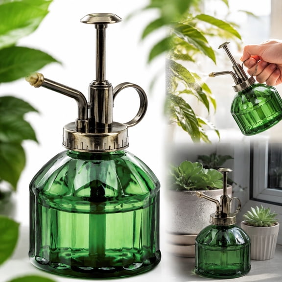 6.3 Inch Vintage Plant Mister Bottle , Glass Water Sprayer with Ergonomic Bronze Pump for Houseplants & Garden Care (Dark Green)