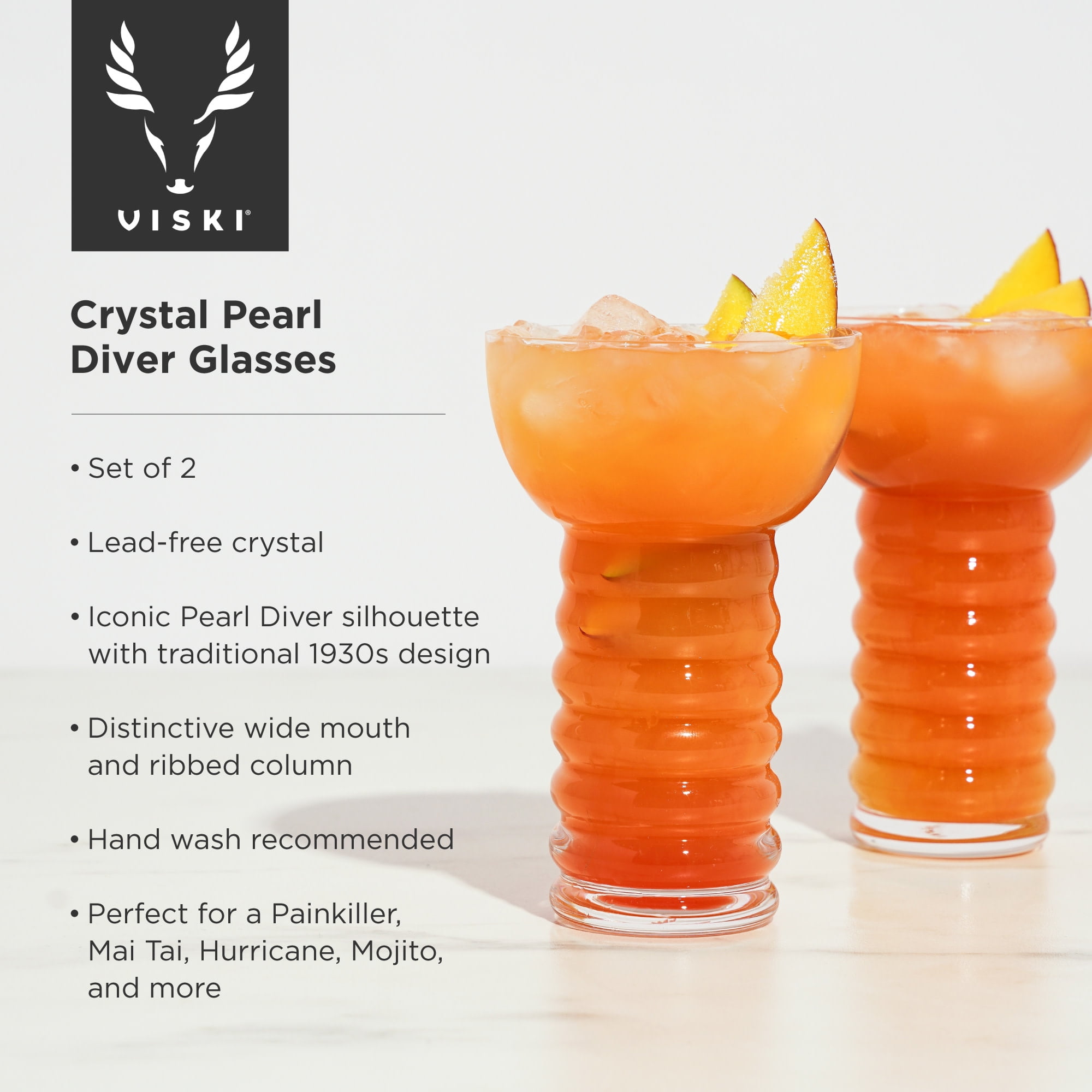 Viski Pacific Crystal Pearl Diver Glasses - Stylish Tiki Cocktail 
