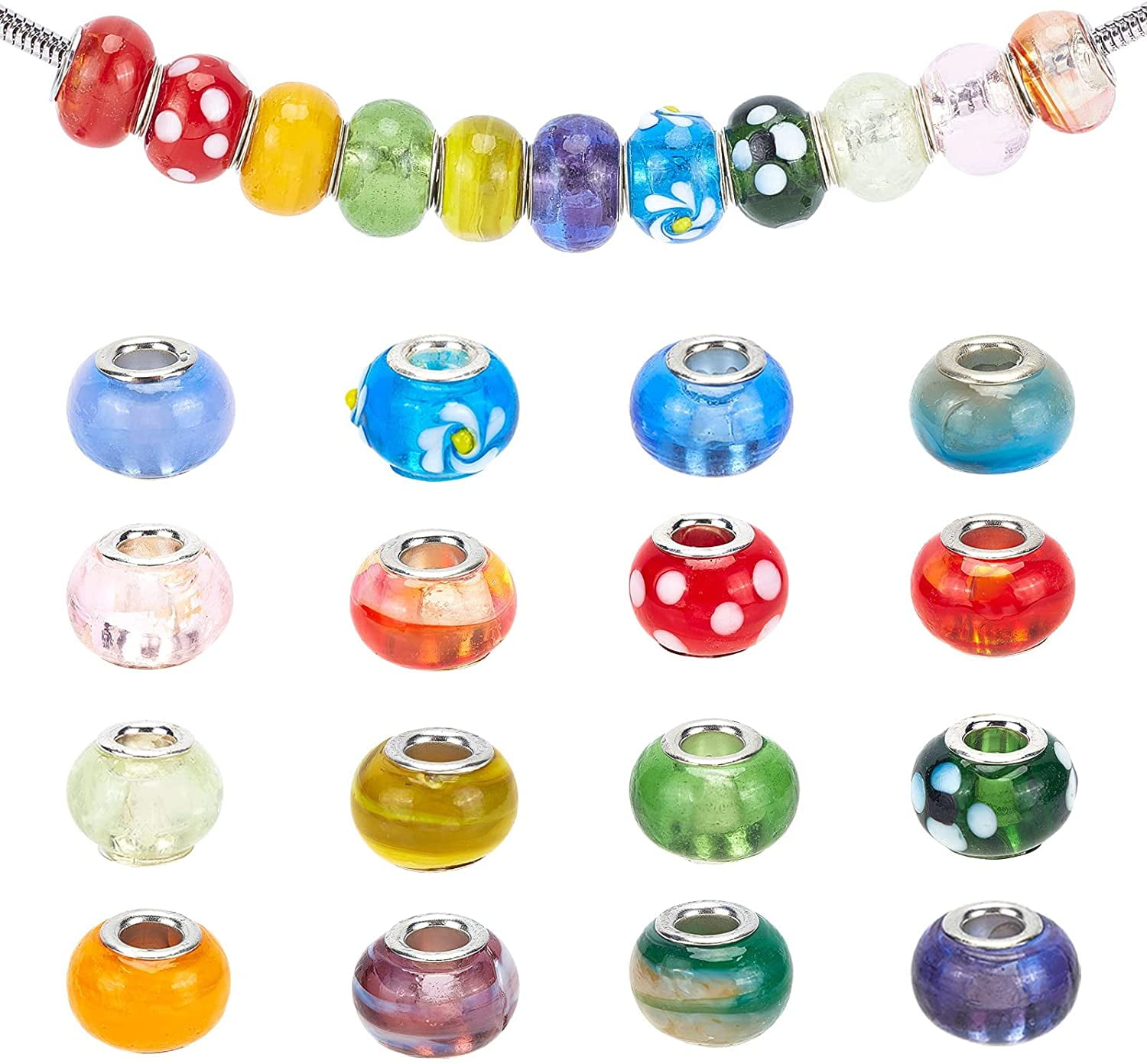 100pcs Lampwork Glass European Beads Large Hole Beads Mixed Handmade Garden Decor Beaded Loose Slide Beads for Bracelet Jewelry Making Yard Patio Plant Pot Flower Decor Hole: 5mm