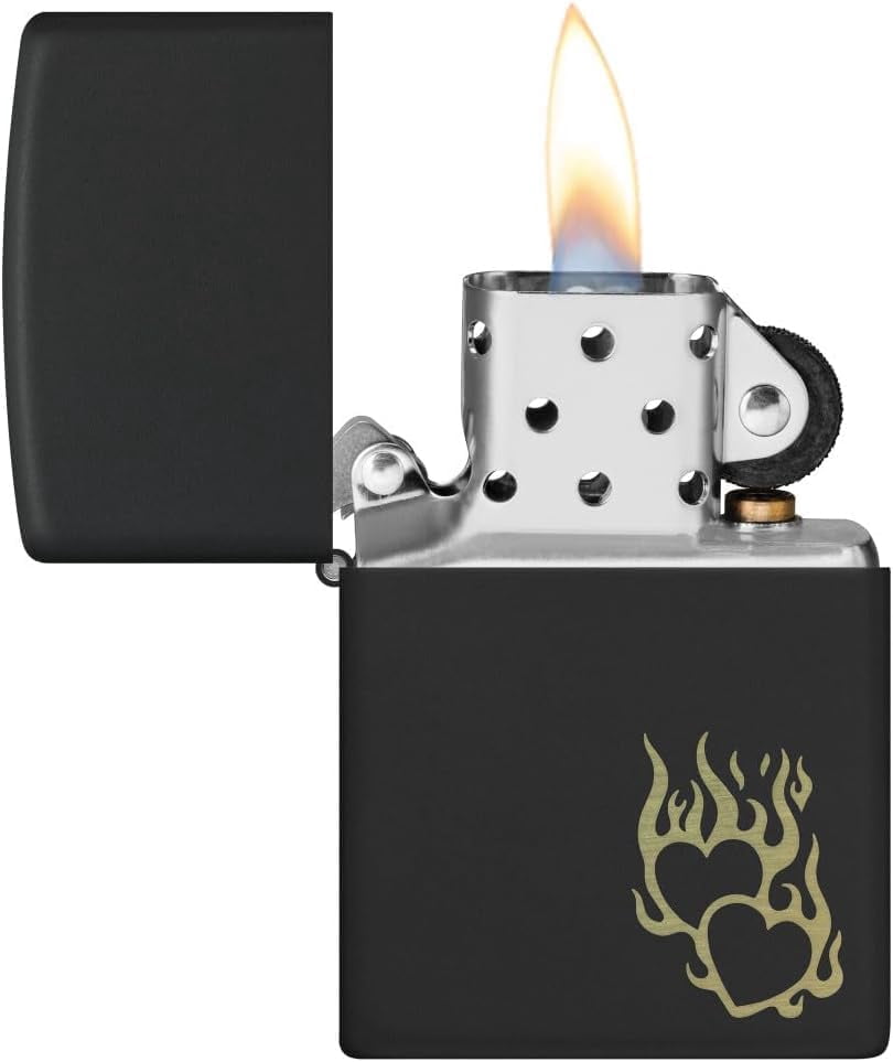 Zippo Lighter - Customized Message Hearts Fire, Engraved - Black Matte 46004