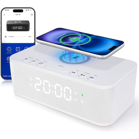 Dual Alarm Clock Radio Bedroom, Digital Alarm Clocks Bedrooms Bluetooth, Up to 10 Bedroom Alarms Clock White Noise 23 Soothing Sounds App/Button Control Snooze 12/24H FM Speaker Charging, White
