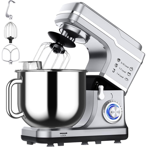 7.5 QT Stand Mixer, 10-Speed Tilt-Head Electric Dough Mixer w/Stainless Steel Bowl, Dough Hook, Wire Whisk, Beater & Splash Guard for Home Cooks, Silver