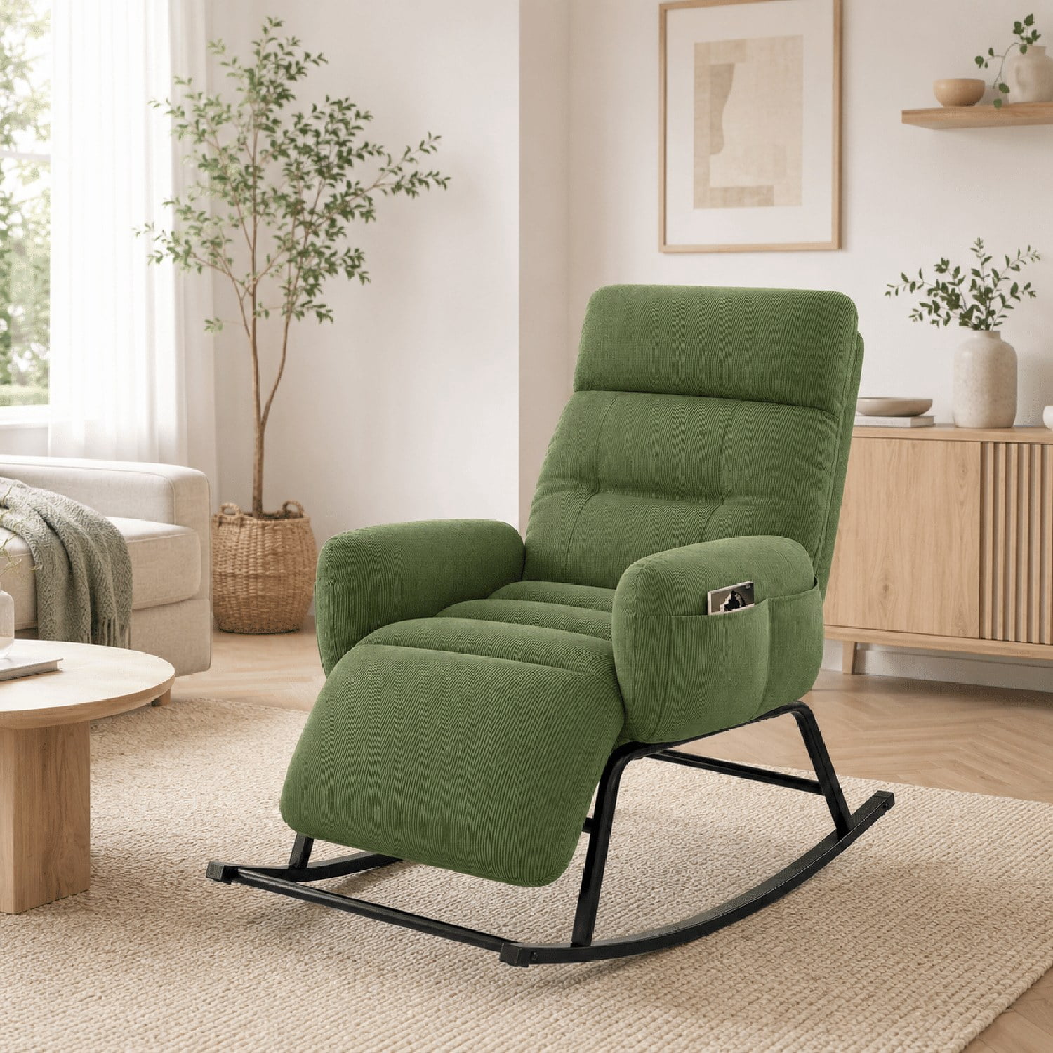 Modern Rocking Chair with Retractable Footrest, Upholstered Lounge Chair with Side Pocket, Plush Fabric, for Living Room Bedroom