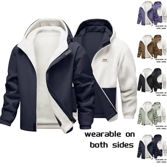 DODADAWANJ Reversible Jacket for Men Fleece Lined Thicken Hooded Jackets Zip Up Warm Jackets Big and Tall Winter Sportswear Hoodie Black L