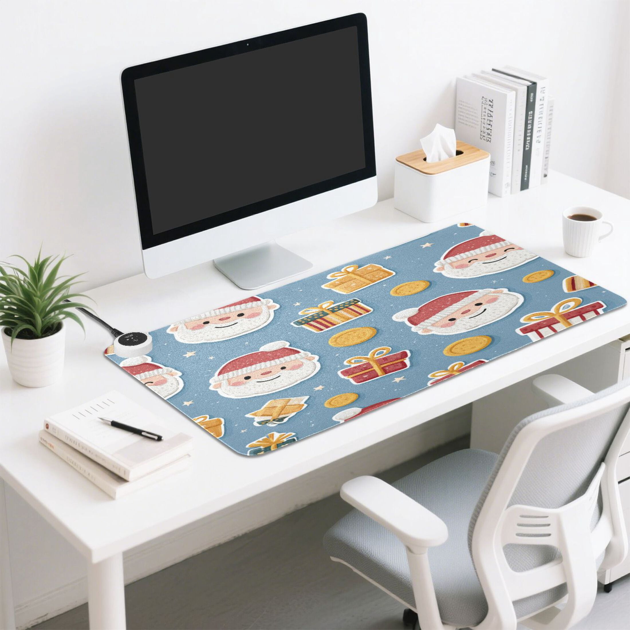 Large Heated Desk Mat Mouse Pad 31.5"x13"PU Leather Graphene Heating Desk Warmer with 3 Temperature Settings 110V US Plug Non-Slip Warm Pad for Home, Office, and Gaming Santa Claus Gifts and Coins
