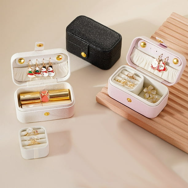 Mini Joyero de Viaje | Joyero Portátil de Terciopelo para Mujeres y Niñas | Caja de Regalo para Dama de Honor con Compartimentos | 9,5 X 5 X 5 Cm, Piel Sintética Blanca o Rosa