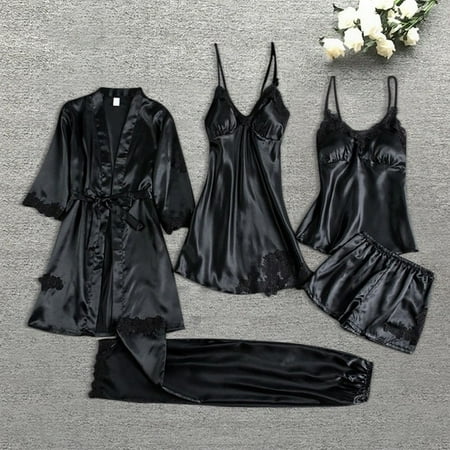 

Female 5/4/2PCS Pajamas Set Satin Pyjamamas Lace Patchwork Bril Wedding Nightwear Rayon Home Wear Nighty&Robe Suit