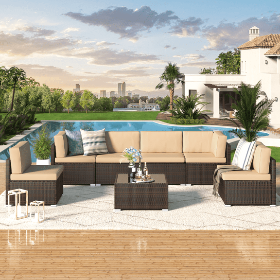 YODOLLA 7 Pc Patio Furniture Set in Beige Cushion& Black PE Rattan Outdoor Sectional Sofa Couch Patio Conversation Set with Table