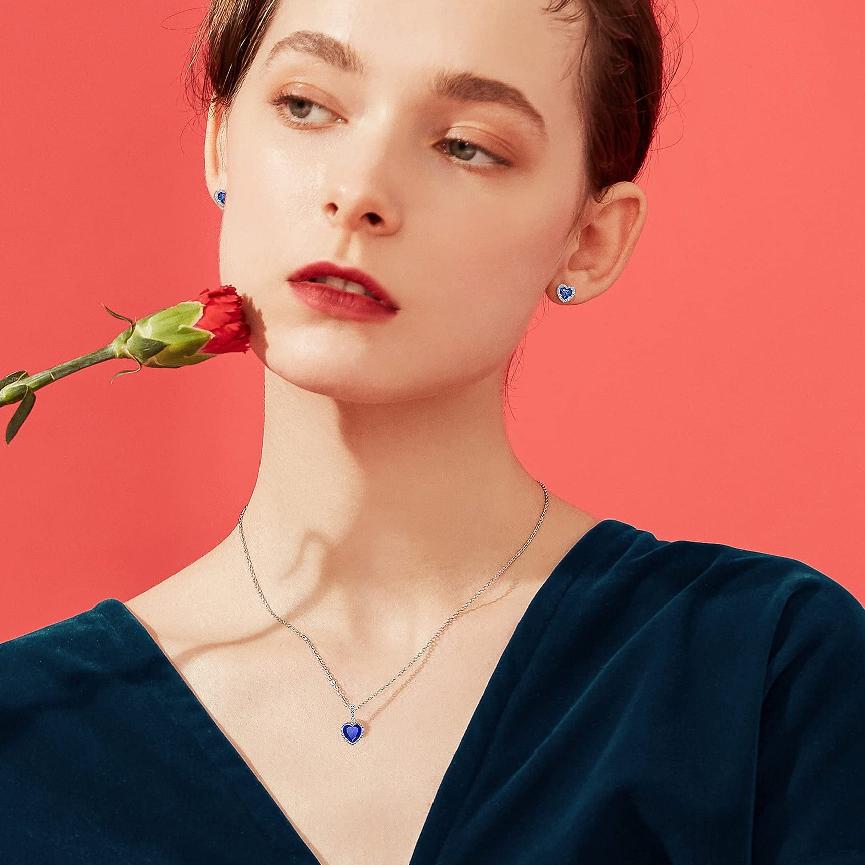 Bestyle Birthstone Stud Earrings for Women, Pure 925 Sterling Silver Heart Created Diamond Studs Earrings Wedding Graduation Birthday Gifts - September