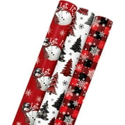 17 x 120 Inch Christmas Wrapping Paper(3 Rolls: 42.5 sq. ft. ttl.), Red Buffalo Plaid Christmas Trees Snowman Snow Disposable Wrapping Paper for Party DIY Crafts Gift Decor