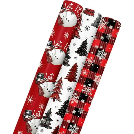 17 x 120 Inch Christmas Wrapping Paper(3 Rolls: 42.5 sq. ft. ttl.), Red Buffalo Plaid Christmas Trees Snowman Snow Disposable Wrapping Paper for Party DIY Crafts Gift Decor