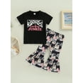 thumbnail image 3 of Toddler Western Baby Girl Clothes Bell Bottom Outfit Short Sleeve Letter Tops Cow Print Flare Pant Sets, 3 of 10