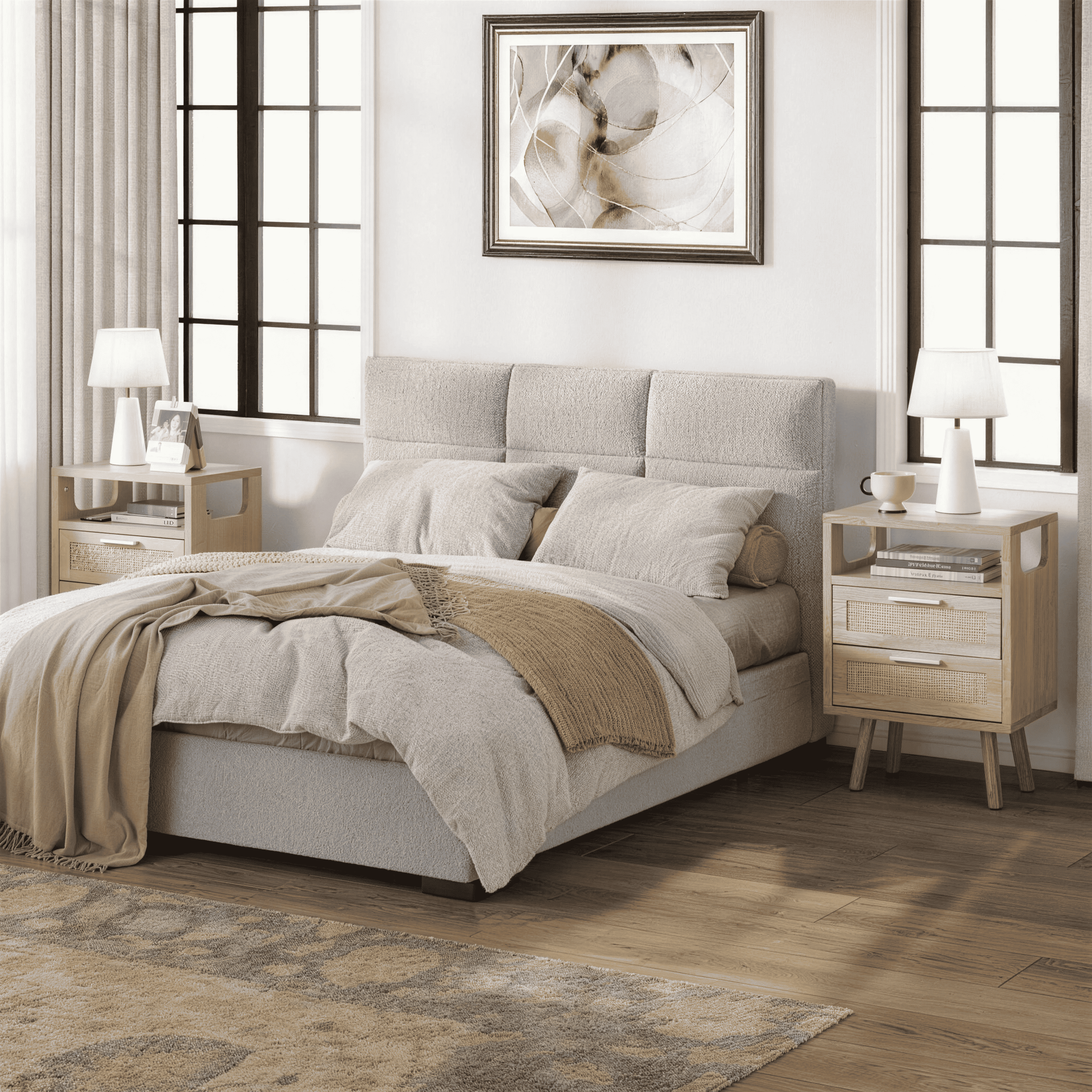 OTONIPU Rattan Nightstands Set of 2 with 2 Drawers, Modern Wood Bedside Tables with Gold Handles, Oak End Tables